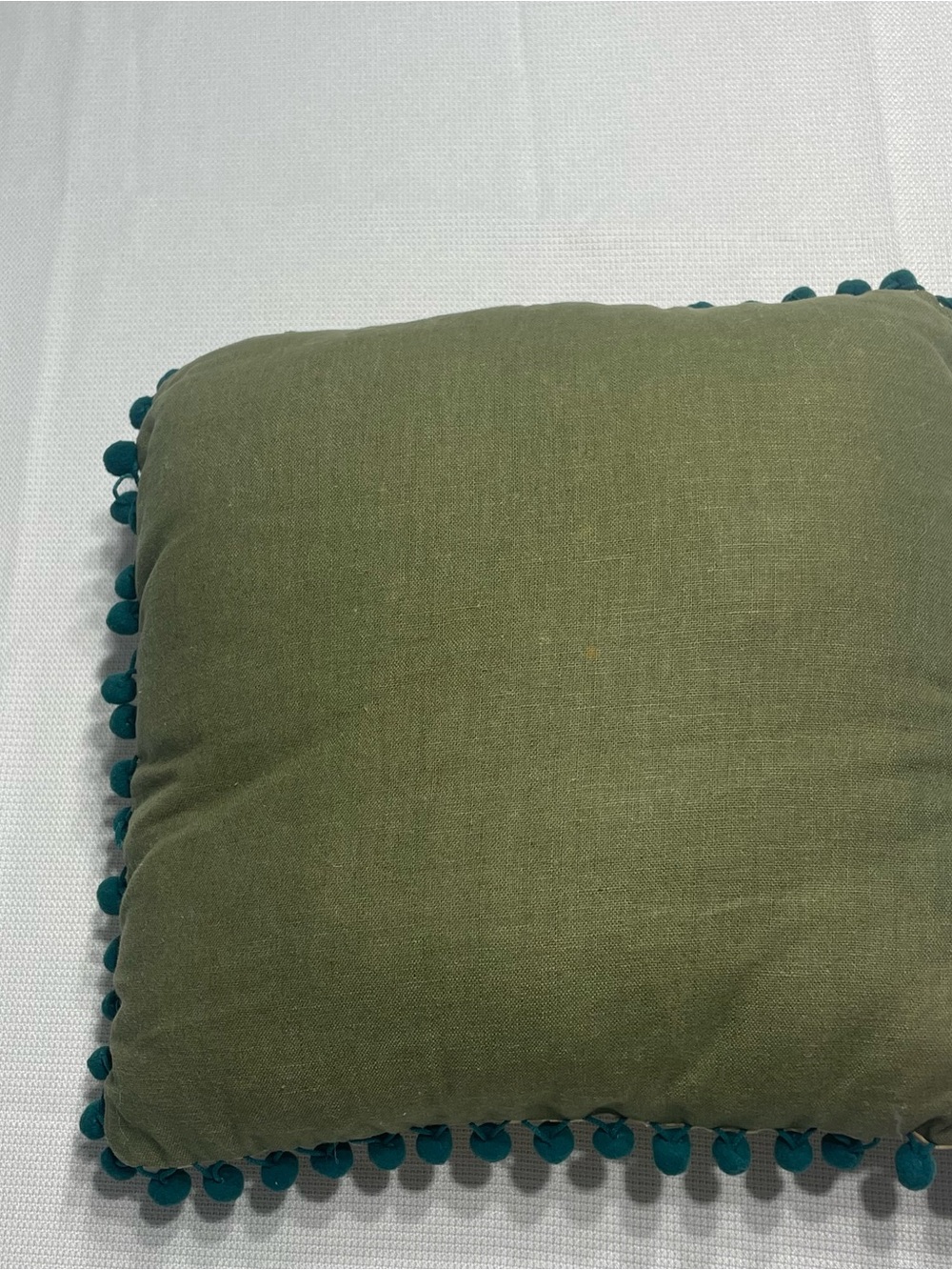 Natural Life Heart Embroidered Throw Pillow Cream Teal 12x12. Preowned. Pom Pom. - Picture 5 of 8